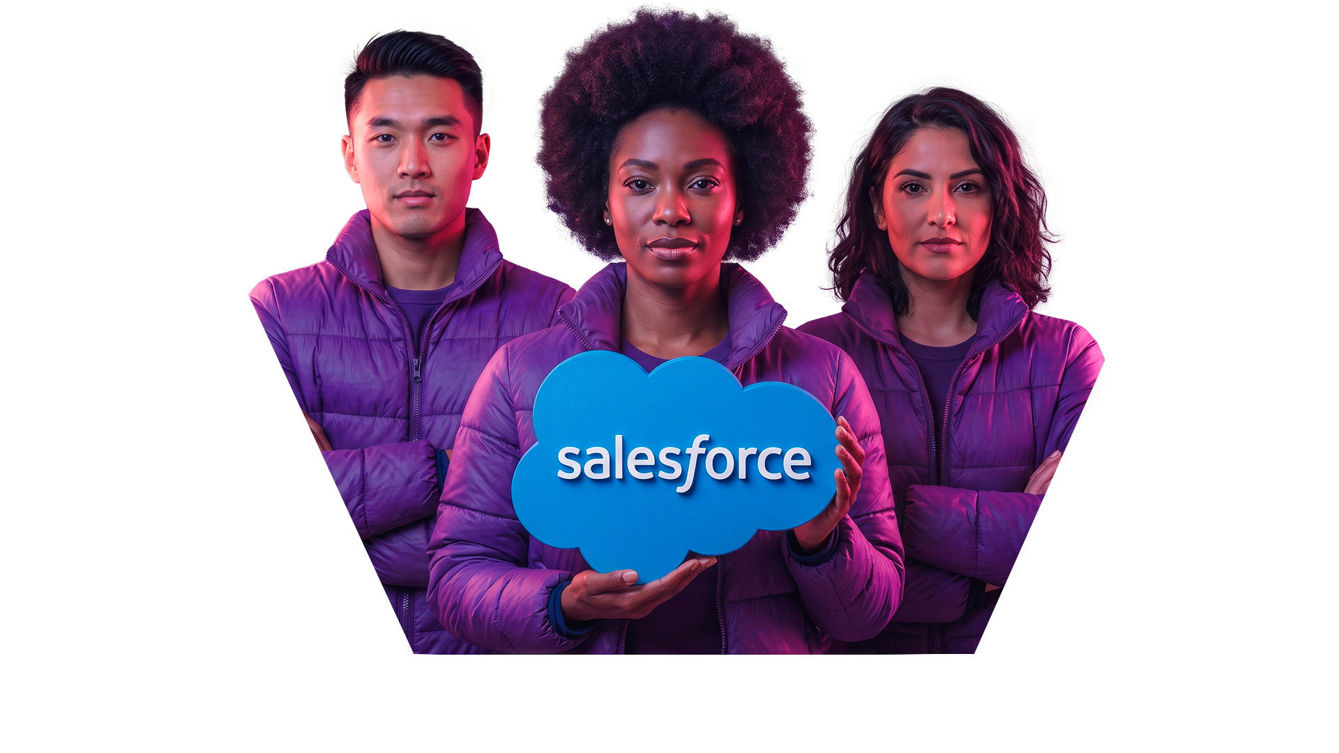 Three people in purple jackets holding a Salesforce sign, representing WeeNow’s expertise and connection